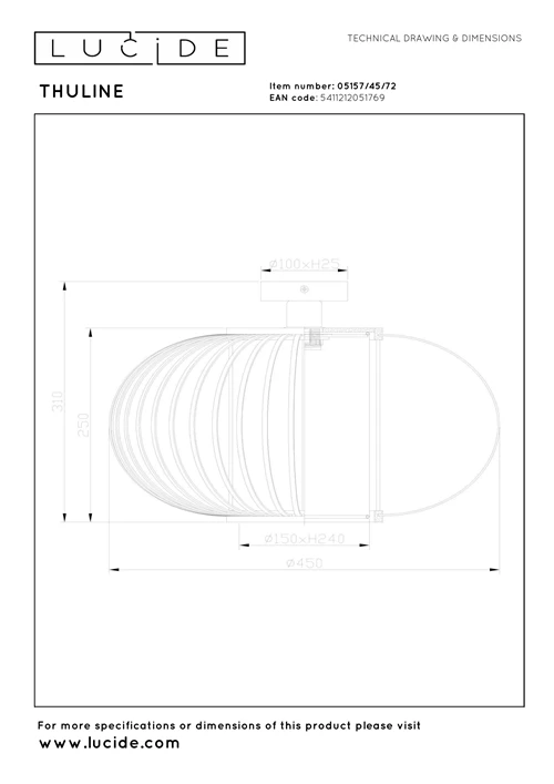 Lucide THULINE - Plafonnière - Ø 45 cm - 1xE27 - Lichte houtlook - Essential - technisch